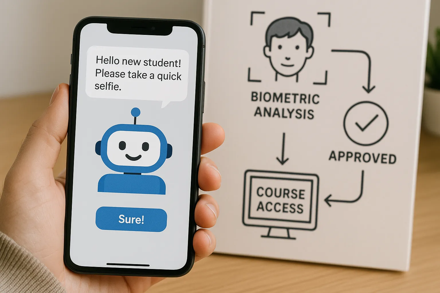 A smartphone screen shows a friendly chatbot asking a new student to take a quick selfie, while behind the scenes a flowchart illustrates biometric analysis and instant course access after approval.