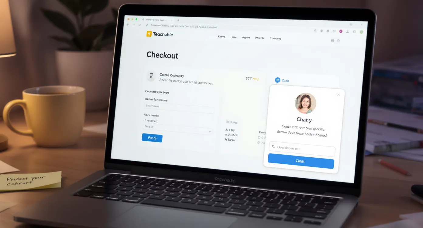 A Teachable course checkout page on a laptop where a chat widget pops up, politely asking the visitor a domain-specific question. The background shows a clean workspace with soft lighting, a cup of coffee and sticky notes that read 