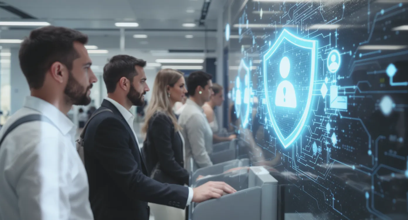 Concept image showing a diverse group of users breezing through an online verification gate while an AI shield icon filters out malicious bots in the background.