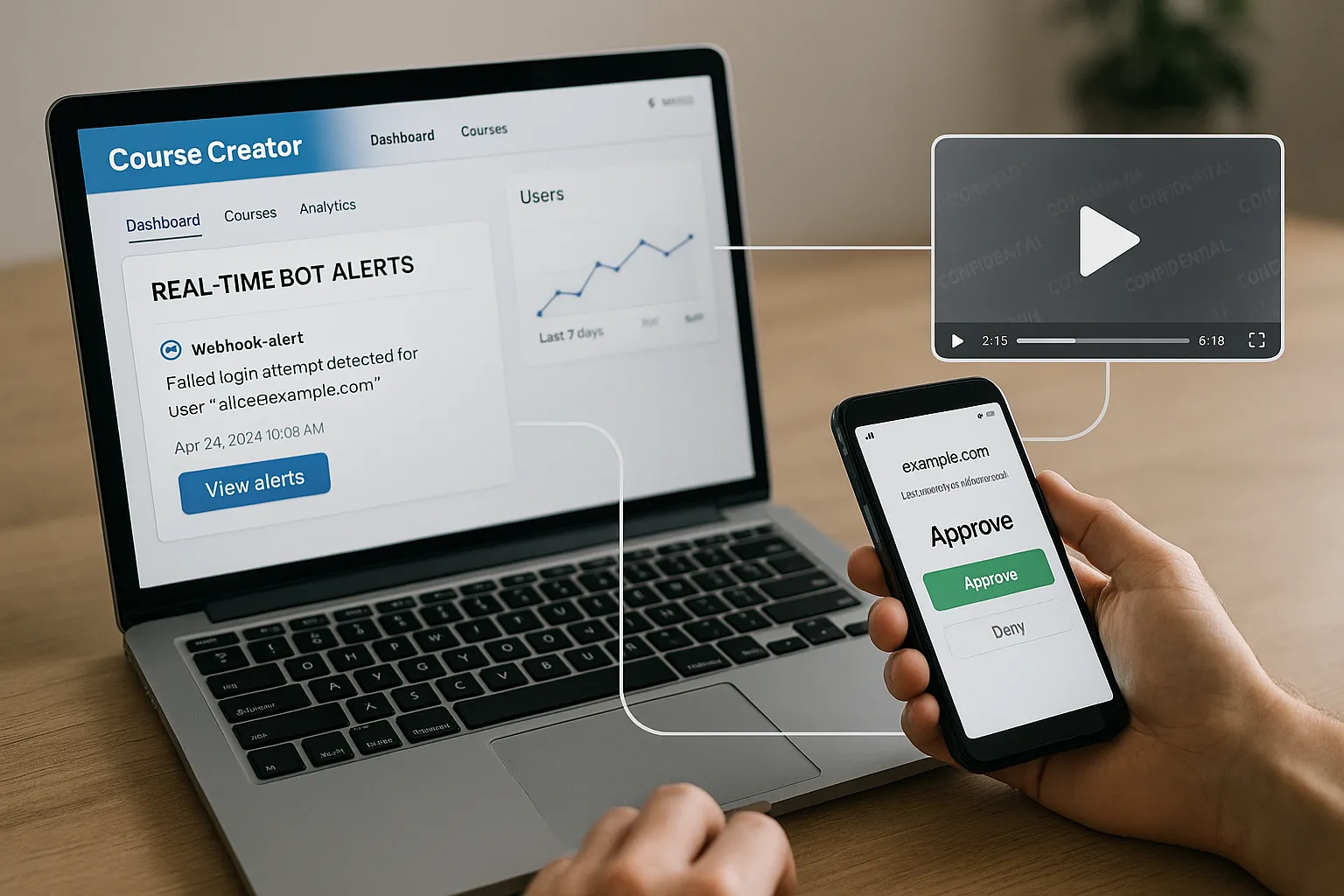Illustration of a course creator dashboard showing real-time bot alerts on a laptop, a mobile phone approving an MFA prompt, and a secure video player with dynamic watermark, all connected by thin lines symbolizing integrations.