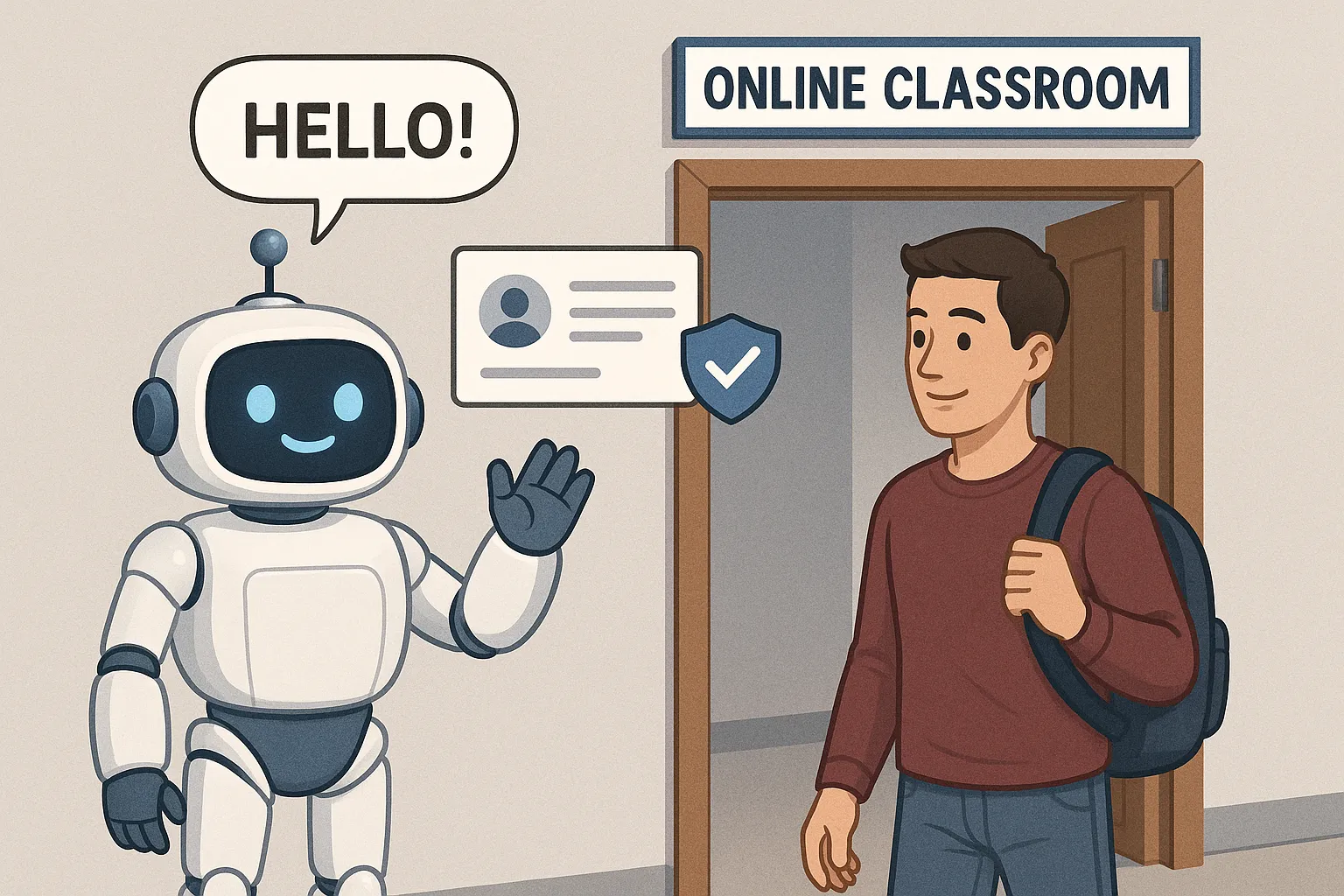 Illustration of a friendly AI chatbot standing guard in front of an online classroom doorway, monitoring digital credentials while greeting a human learner with a speech bubble.
