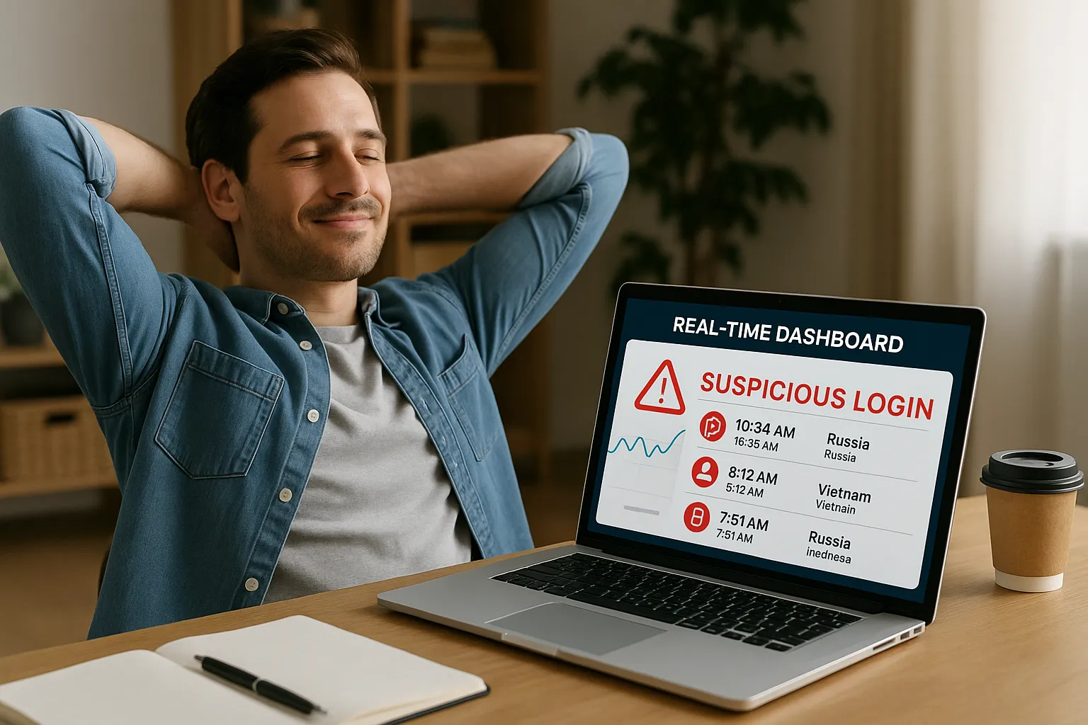 Illustration of a laptop displaying a real-time dashboard with suspicious login alerts, while a creator relaxes knowing their online course is protected.