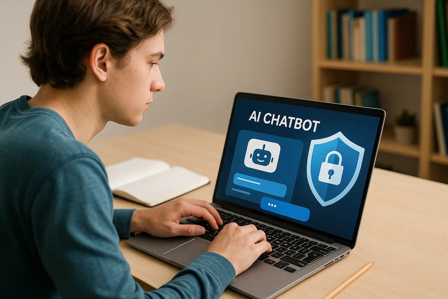 Illustration of a student interacting with an AI chatbot on a laptop while a shield icon symbolises data encryption and privacy compliance.