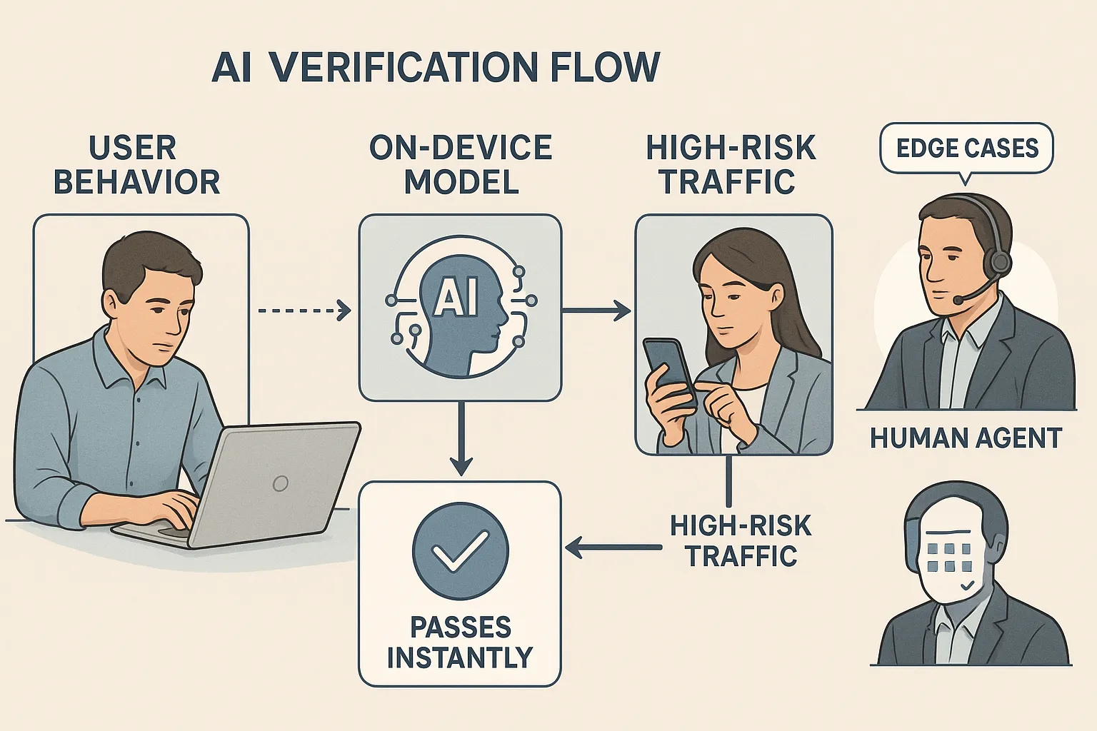 Illustration of an AI verification flow: user behavior feeds into an on-device model, low-risk traffic passes instantly, high-risk traffic triggers an adaptive challenge, and a human agent can review edge cases.