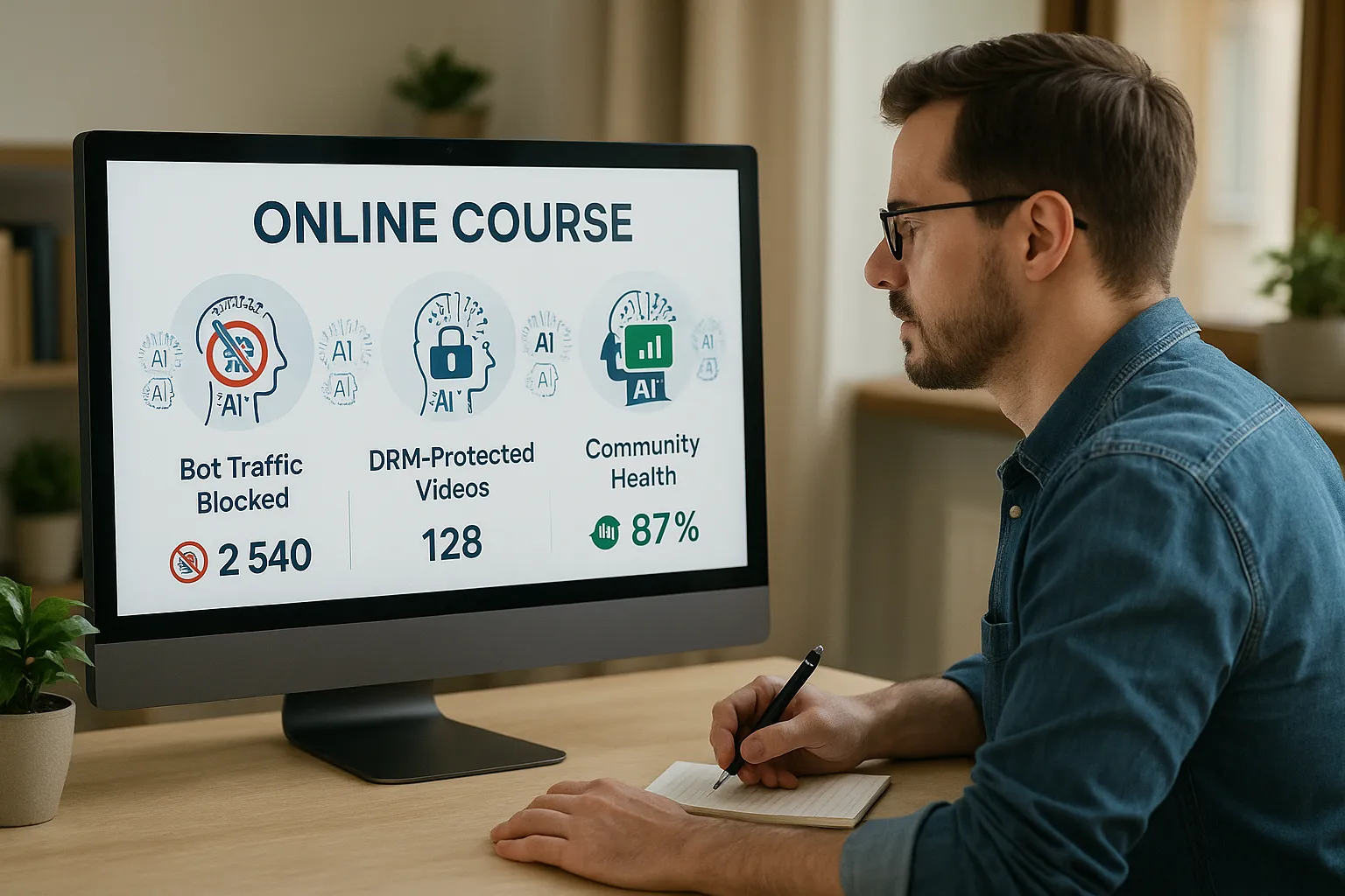 Illustration of an online course creator reviewing a dashboard that shows bot traffic blocked, DRM-protected videos, and community health metrics, with AI icons representing each layer of protection.
