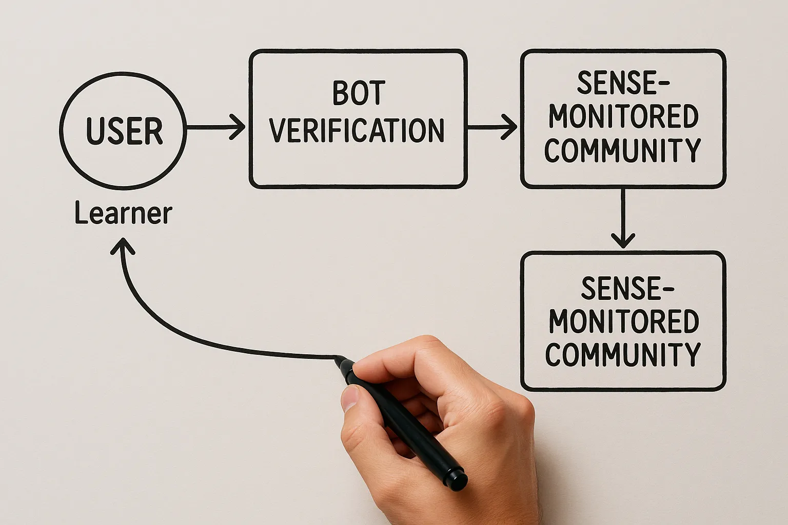 Simplified flowchart showing a learner passing through Bot Verification, DRM-secured video delivery, and a Sense-monitored community, emphasising the smooth user path.