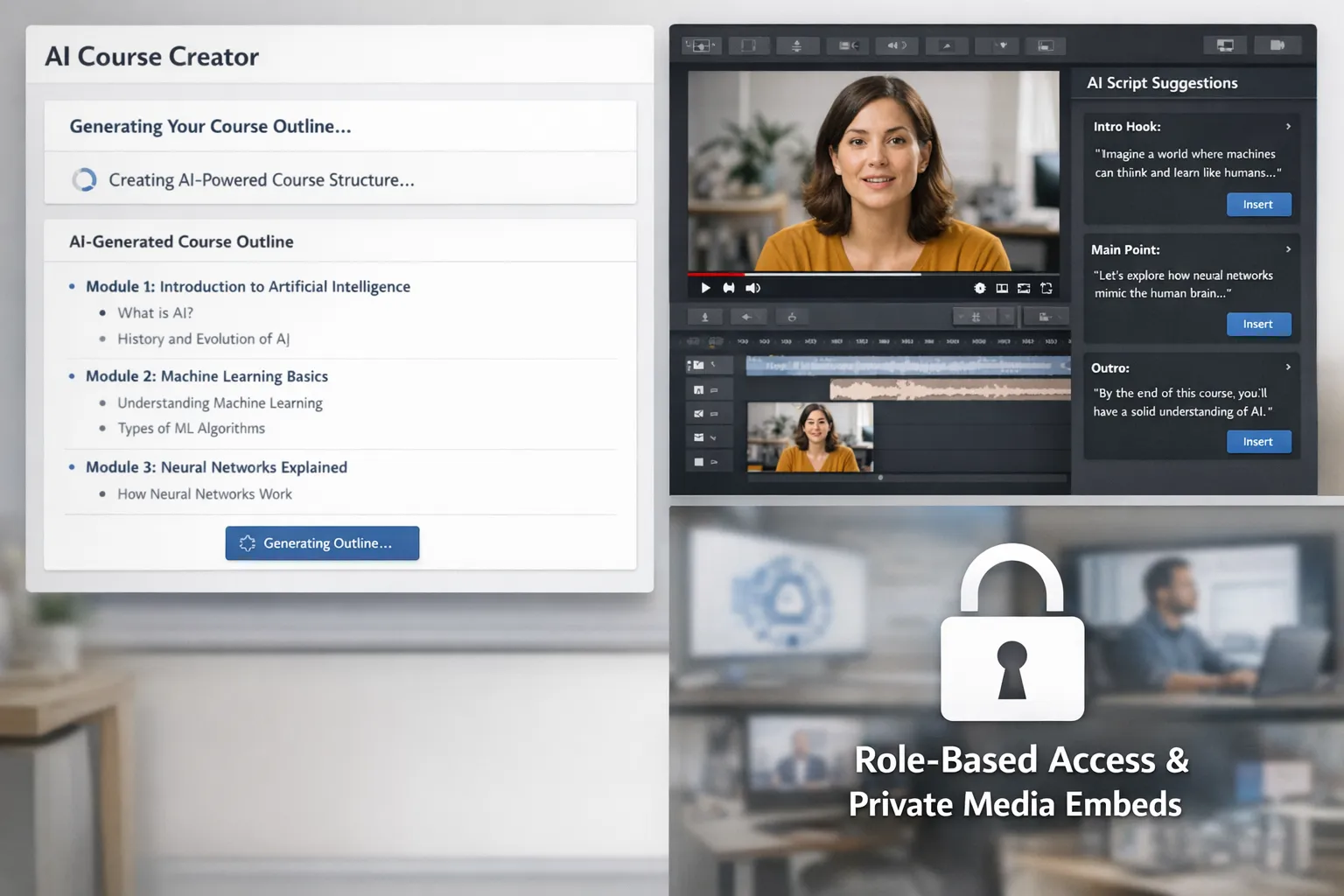 A clean dashboard collage showing a course platform generating an AI course outline, a video editor with AI script suggestions, and a lock icon overlay indicating role-based access and private media embeds.