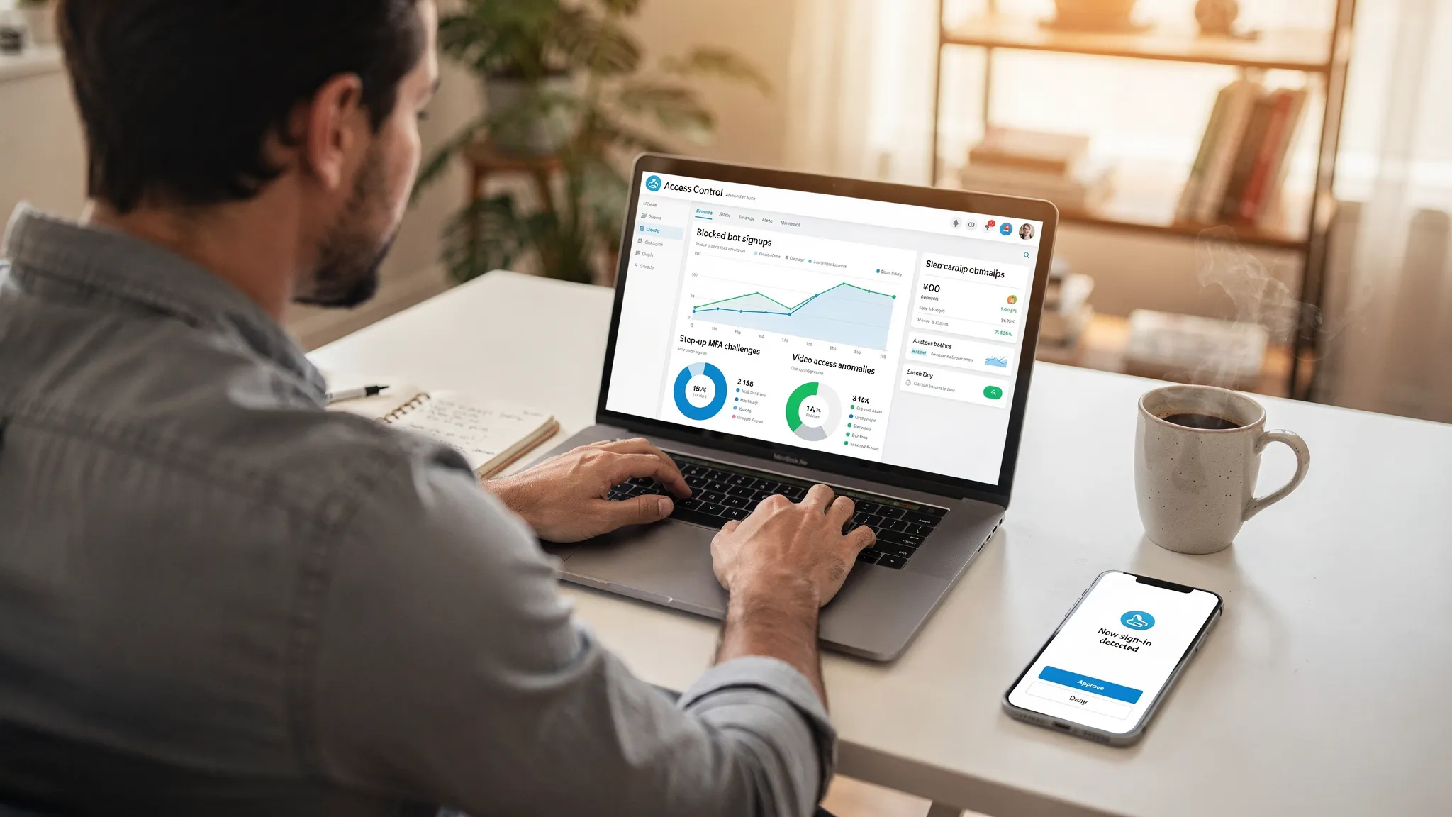 A course creator reviews an access control dashboard on a laptop, showing metrics like blocked bot signups, step-up MFA challenges, and video access anomalies. The scene is a bright home office with a notepad, coffee cup, and a phone showing a push MFA prompt, all viewed from over-the-shoulder.