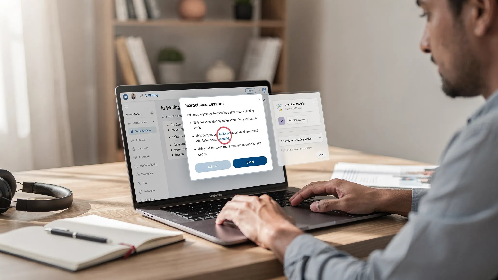 A course creator uses AI tools to draft lessons on a laptop while a subtle verification prompt appears before accessing a premium module, illustrating a low-friction human check that protects a members-only course library.