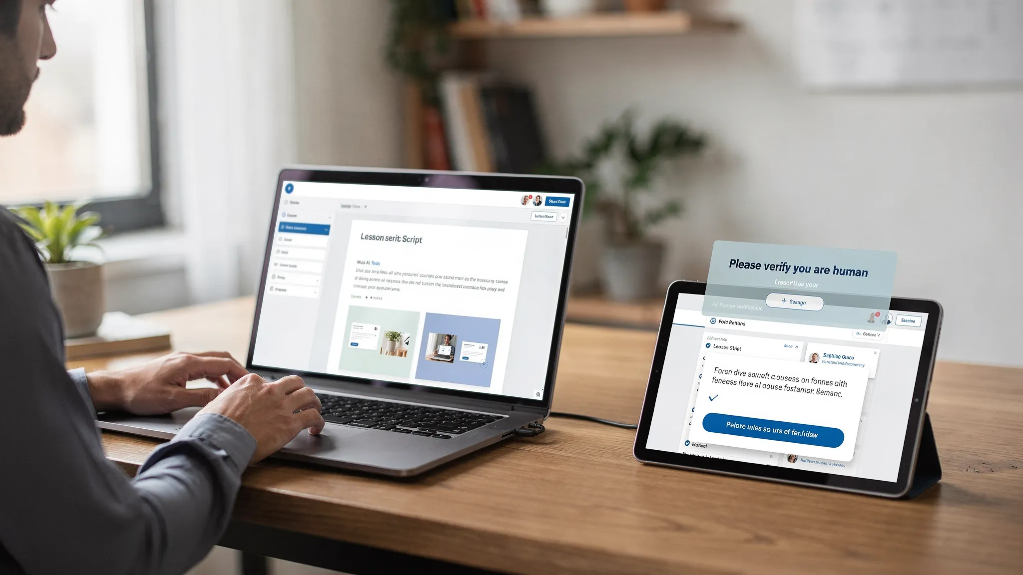 A course creator works on a laptop generating slides and a lesson script with AI. On the right side of the desk, a tablet displays a student view of a course, and a subtle on screen message shows a human verification check before accessing a lesson preview.