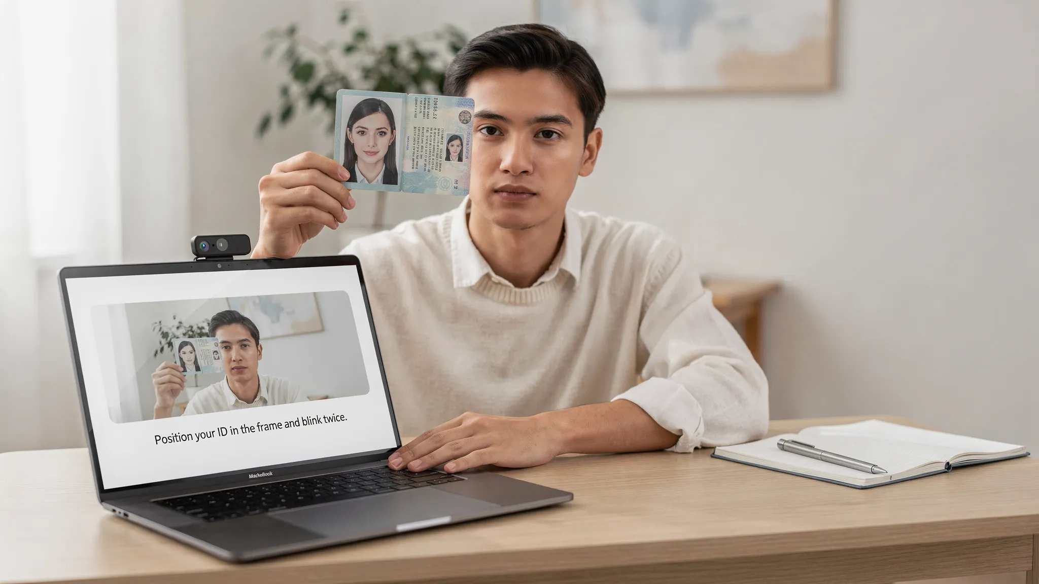 A learner sitting at a desk in a well-lit room holding a passport next to their face while a laptop webcam captures the image for an online ID verification step. The laptop screen is open toward the learner at a natural angle and the on-screen instructions read “Position your ID in the frame and blink twice.”