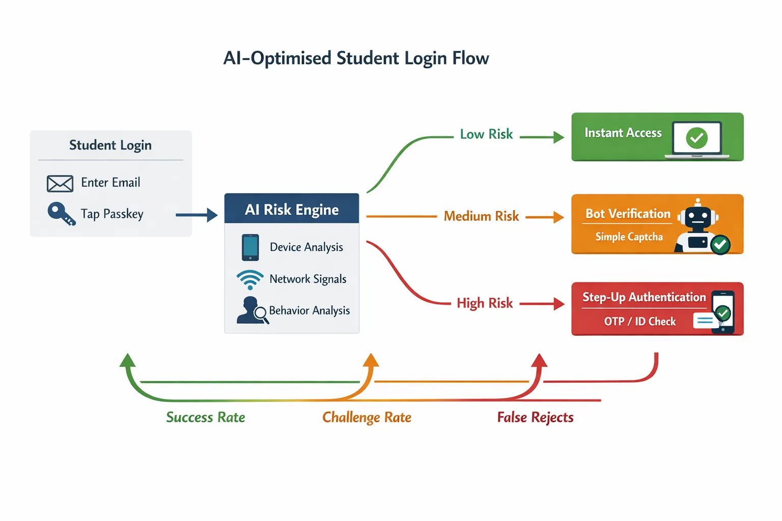 A simple diagram of an AI‑optimised student login flow: the student enters email or taps a passkey, an AI risk engine evaluates device, network and behaviour signals, low‑risk users go straight in, medium‑risk users see a lightweight bot verification step, high‑risk users face step‑up authentication such as OTP or identity checks. Arrows show feedback loops measuring success rate, challenge rate and false rejects.