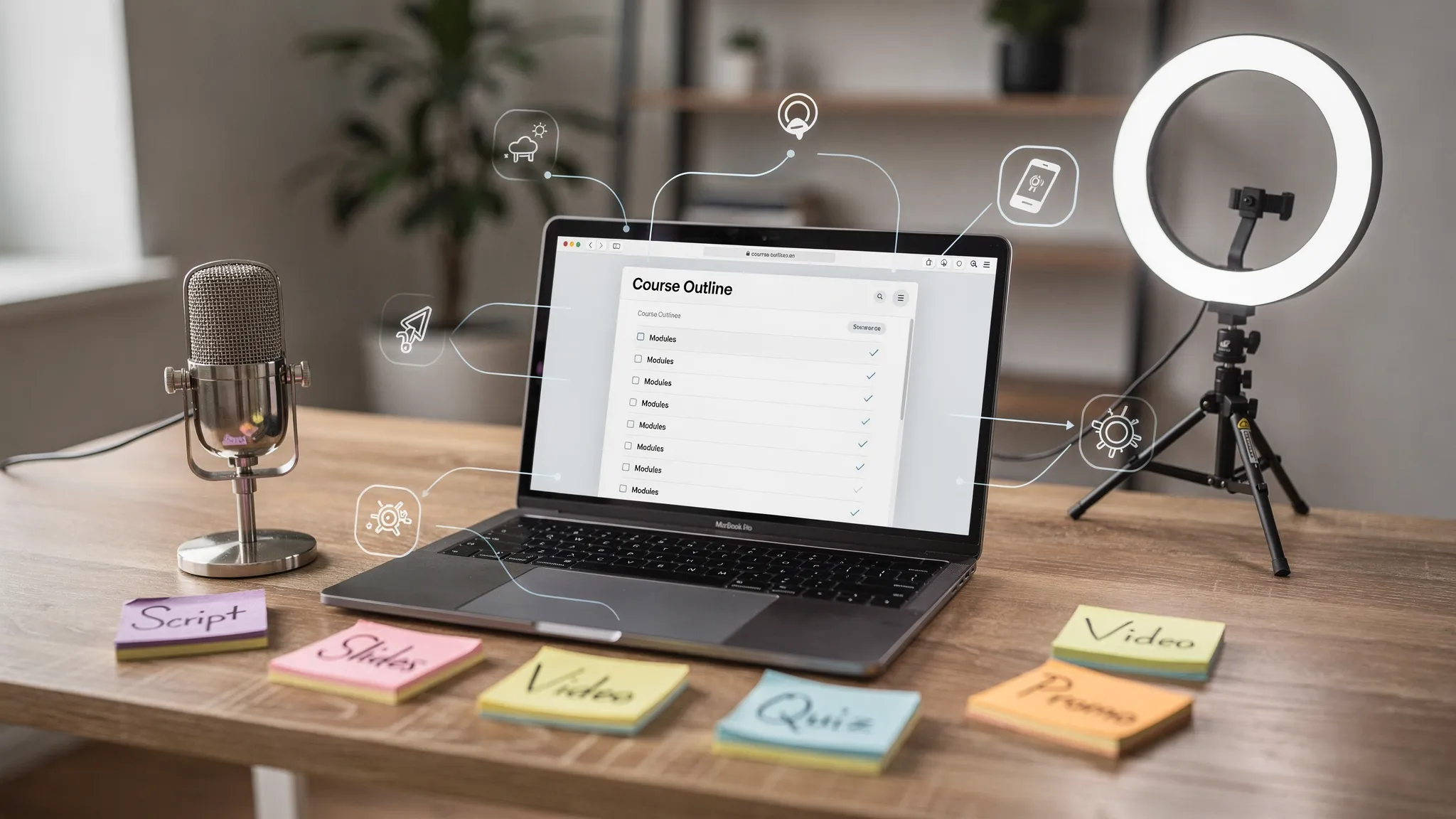 A tidy creator workspace showing a laptop with a course outline on screen, a microphone, a ring light, and sticky notes labelled &ldquo;Script,&rdquo; &ldquo;Slides,&rdquo; &ldquo;Video,&rdquo; &ldquo;Quiz,&rdquo; and &ldquo;Promo&rdquo;. Subtle icons hint at AI tools connecting each stage into a workflow.