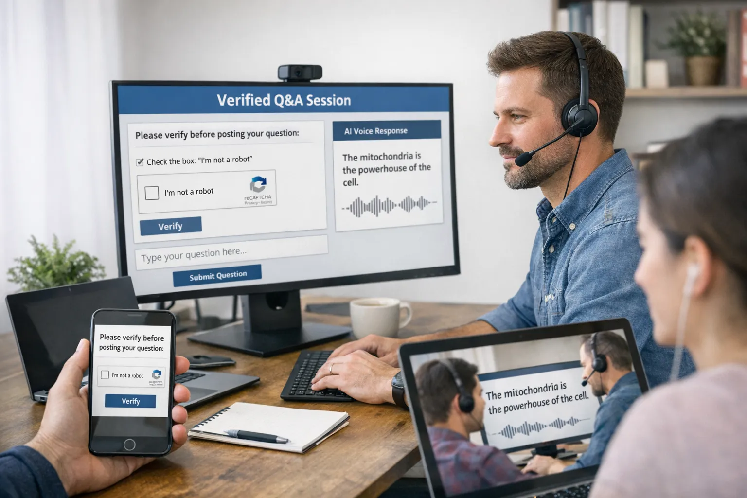 An online instructor moderating a verified Q&A session while an AI voice reads concise answers to students on mobile and desktop, with a simple human‑verification prompt shown before question submission.