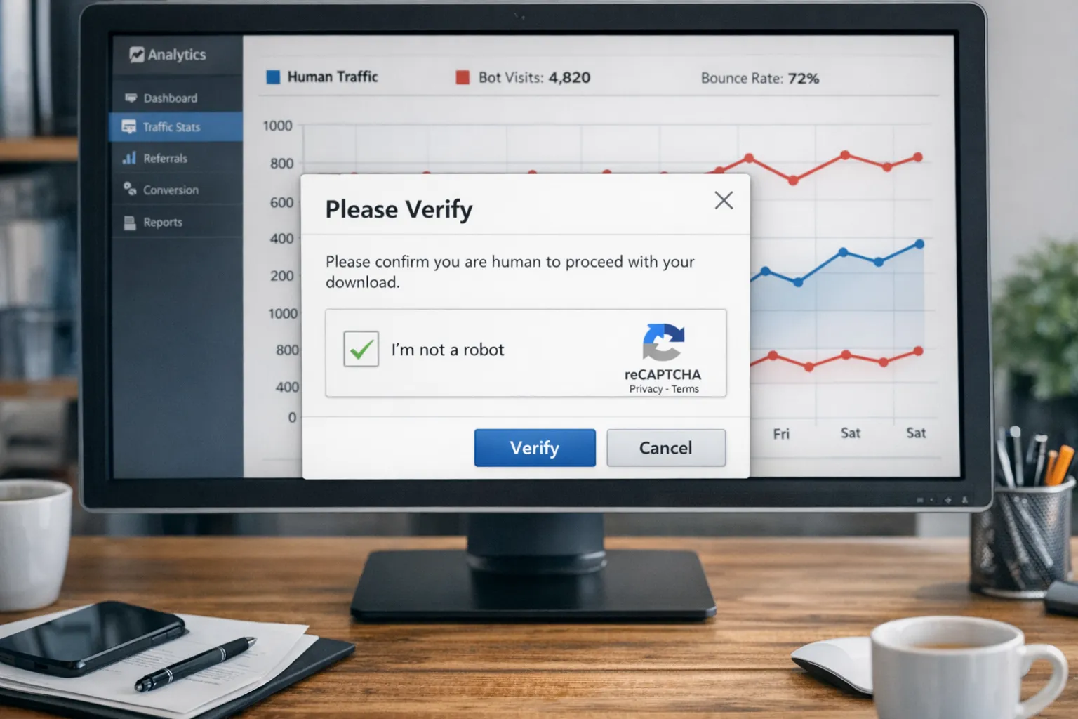 Close up of a desktop showing an analytics dashboard with two lines, human traffic and bot traffic, and a verification dialog overlay prompting the user to confirm they are human before a download.