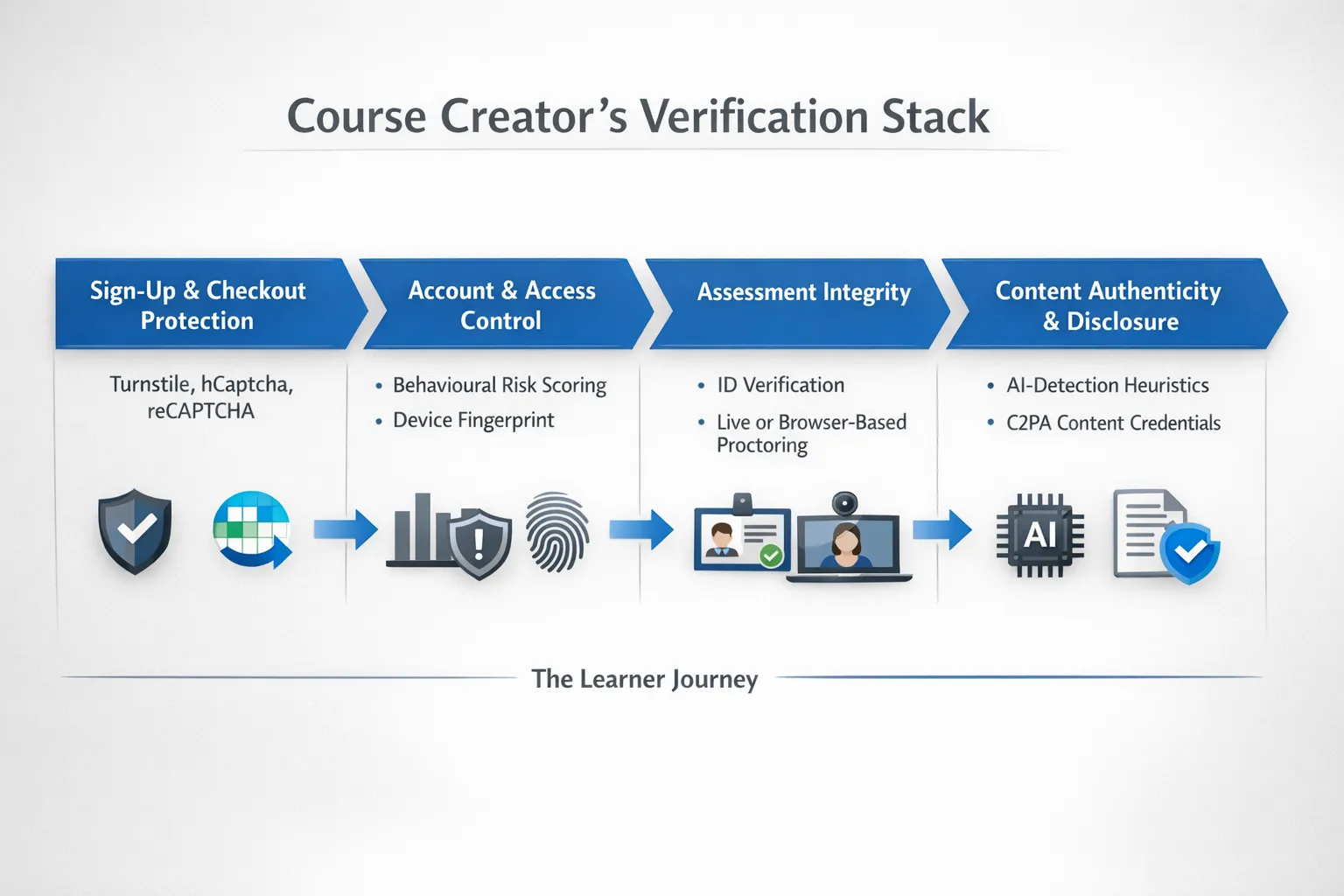 Simple diagram showing a course creator’s verification stack: 1) Sign-up and checkout protection (Turnstile, hCaptcha, reCAPTCHA), 2) Account and access control (behavioural risk scoring, device fingerprint), 3) Assessment integrity (ID verification, live or browser-based proctoring), 4) Content authenticity and disclosure (AI-detection heuristics, C2PA content credentials). Arrows run left to right across the learner journey.