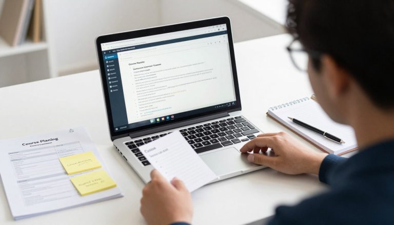 Course creator using ChatGPT on laptop to plan online course modules