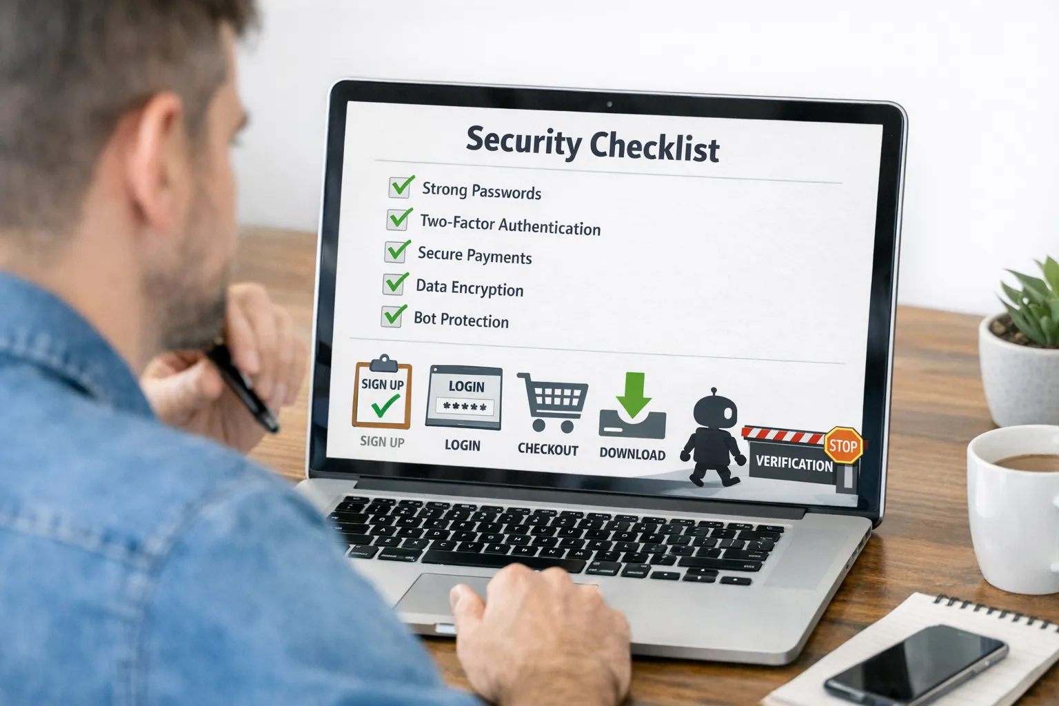 A course creator reviewing a security checklist on a laptop, with simple icons representing signup, login, checkout, and download gates, plus a small bot silhouette approaching a &ldquo;verification&rdquo; barrier.