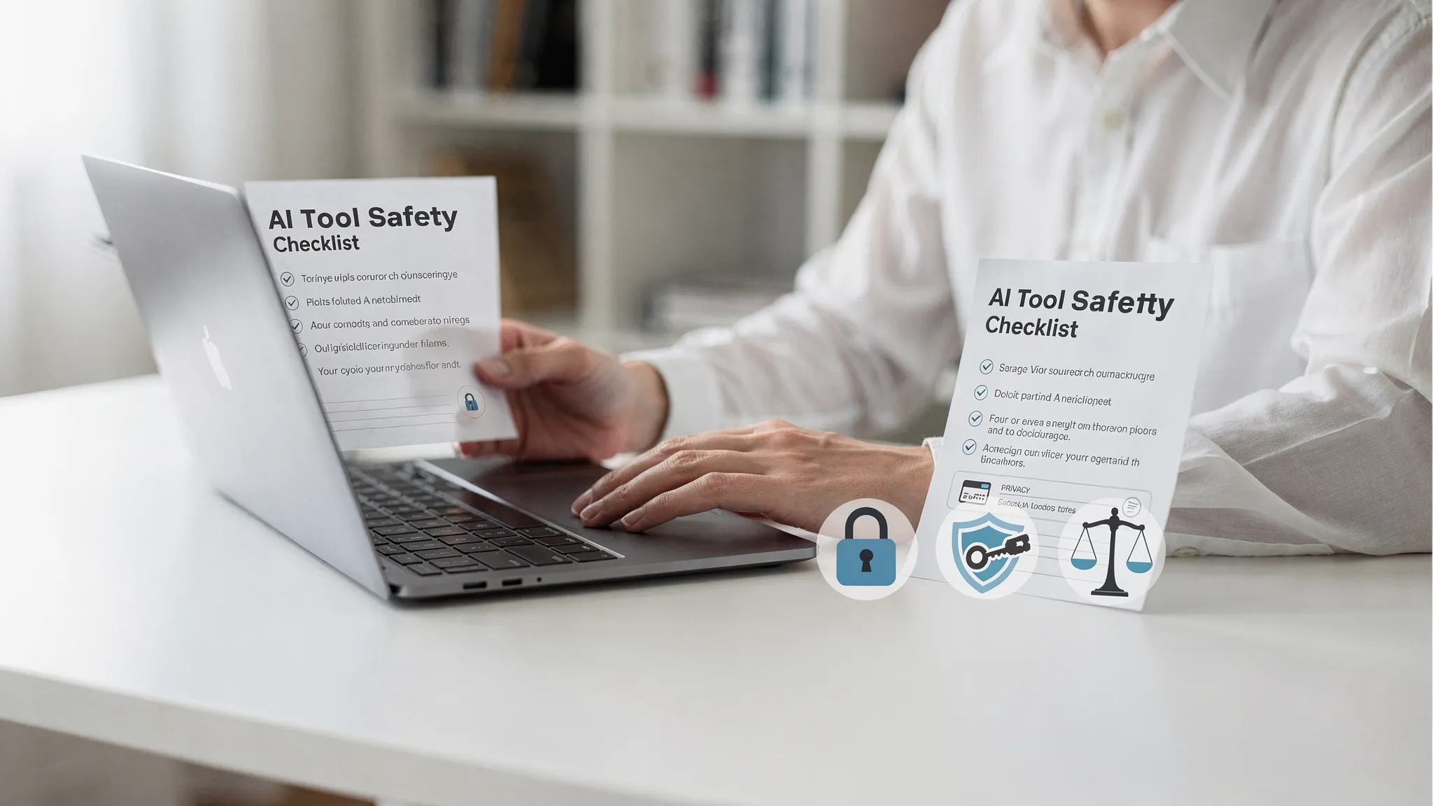 A course creator reviewing an AI tool safety checklist on paper next to a laptop, with icons representing privacy, access control, and compliance.