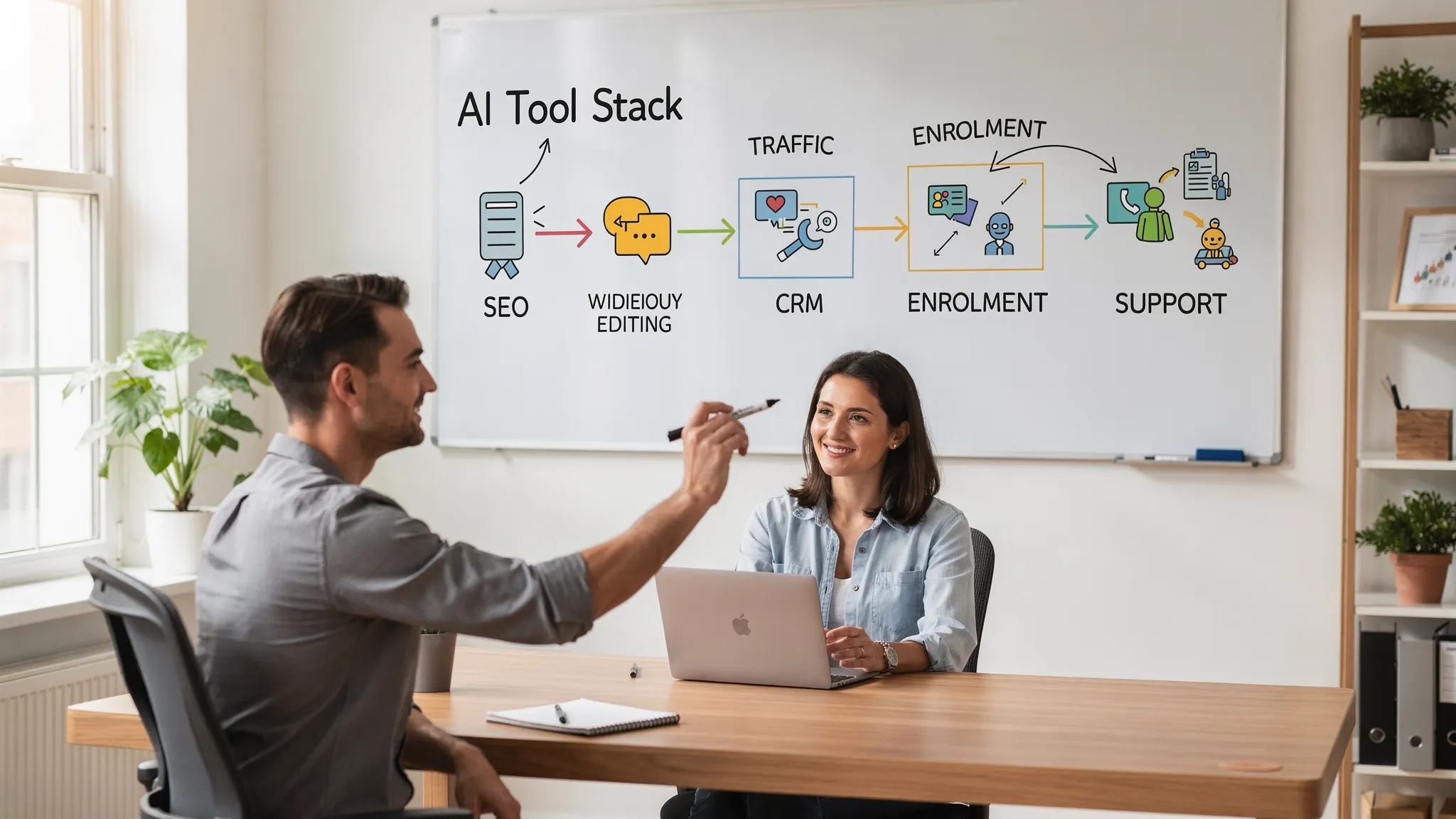 A founder of an online academy sits at a desk mapping an AI tool stack on a whiteboard. Icons for SEO, video editing, CRM, automation, chatbots, analytics and bot verification are connected in a simple funnel from traffic to enrolment to support.