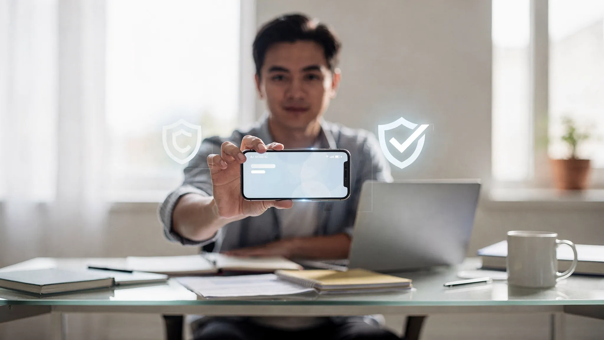 A realistic scene of an online student holding a smartphone at arm&rsquo;s length for a selfie verification check in a well-lit room, with subtle UI icons (shield, checkmark) floating near the phone to suggest liveness and security, no readable text on screen.