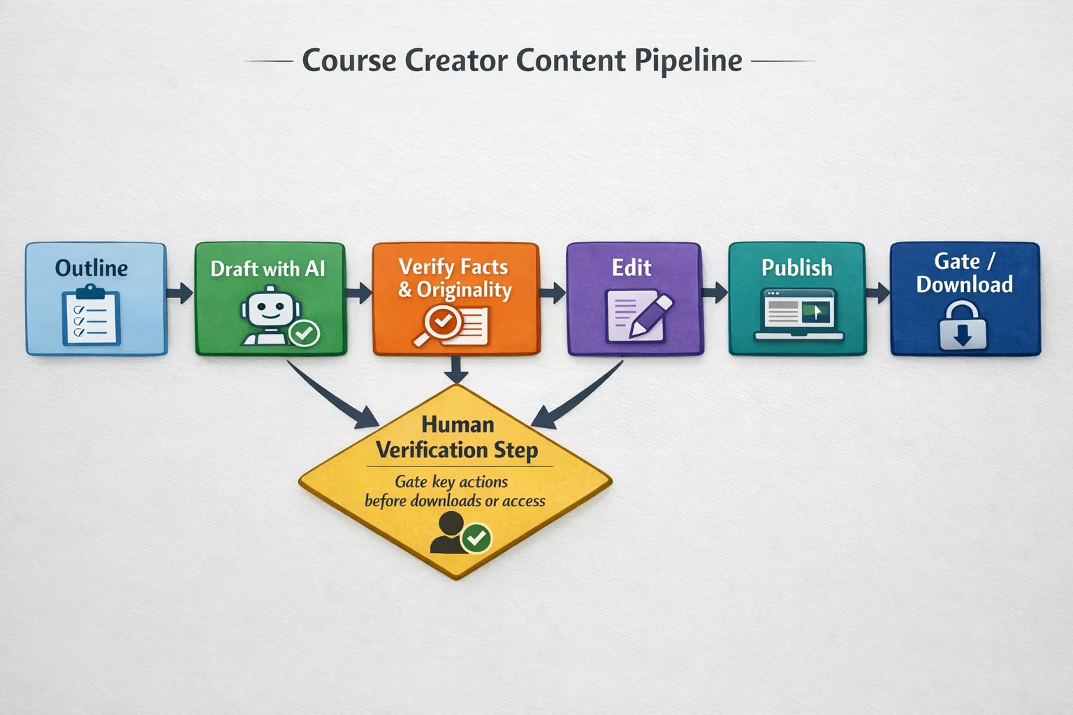 A simple flow diagram showing a course creator content pipeline with six stages: Outline, Draft with AI, Verify facts and originality, Edit, Publish, and Gate key actions with a human verification step before downloads or access.