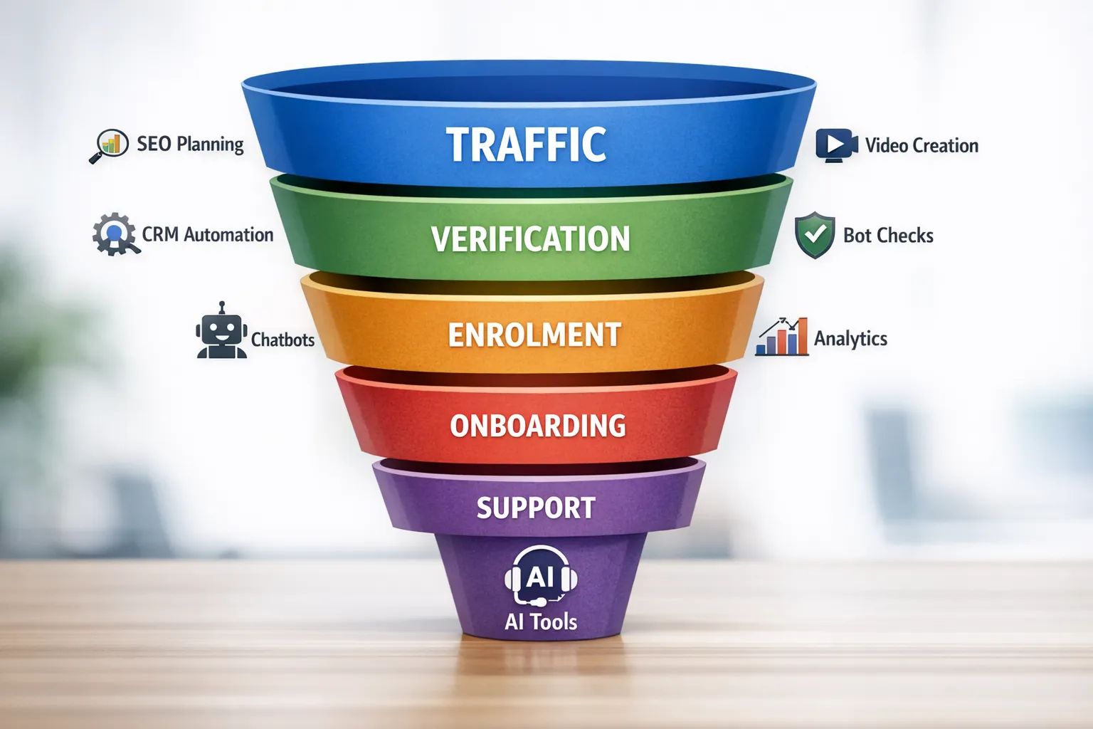 A simple funnel diagram showing traffic, verification, enrolment, onboarding and support stages, with AI tools labelled at each stage such as SEO planning, video creation, CRM automation, chatbots, analytics and bot checks.