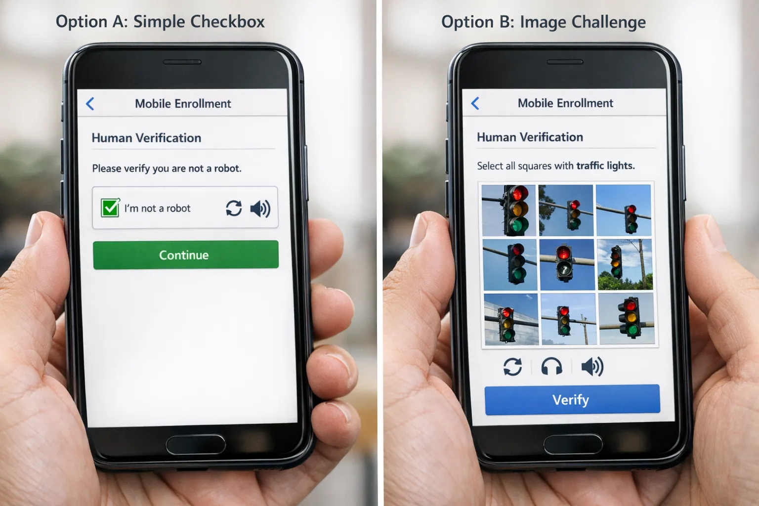 Side-by-side visual of a mobile enrolment screen showing two variants of human verification: a lightweight checkbox challenge and a grid-based image challenge. The scene highlights usability on small screens with clear labels, visible focus states, and an accessible audio alternative icon.