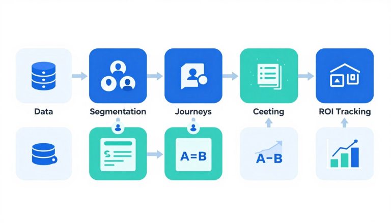 AI Marketing Automation & Personalisation framework diagram showing the six components: data, segmentation, journeys, creative, testing, and ROI tracking