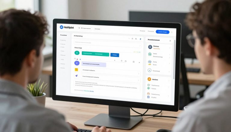 Marketer using HubSpot AI dashboard to set up automated marketing workflows with personalization features