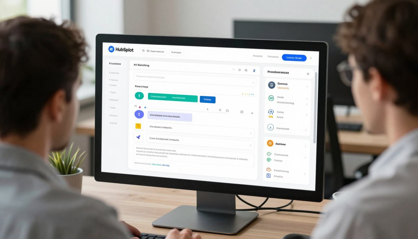 Marketer using HubSpot AI dashboard to set up automated marketing workflows with personalization features